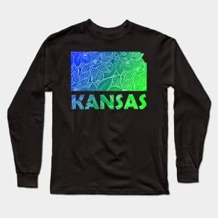 Colorful mandala art map of Kansas with text in blue and green Long Sleeve T-Shirt